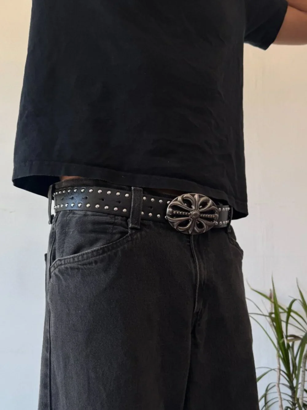 Black Faux Leather Studded Silver Cross Buckle Belt